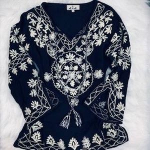 Navy and White Embroidered Boho Tunic by A&A